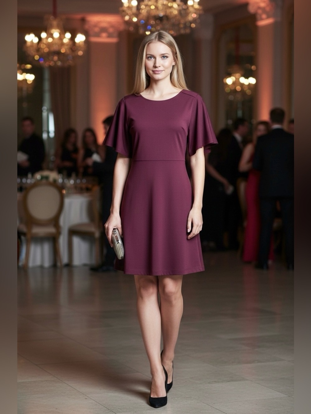 Plum Short Sleeve Fit-and-Flare Dress w Crew Neck & Back Waist Tie Size S NWT